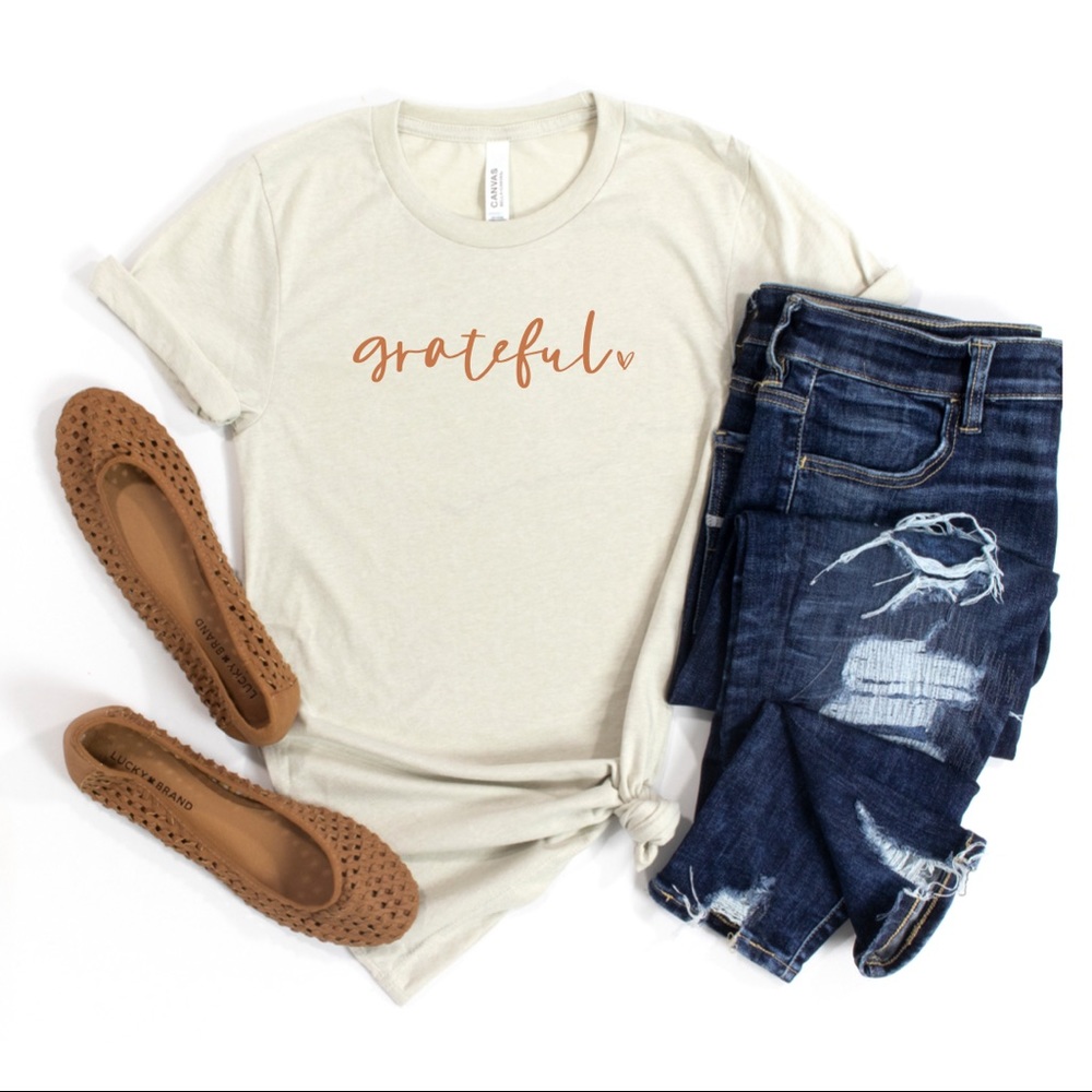 Simple “Grateful” tee shirt neutral colors soft material multiple sizes